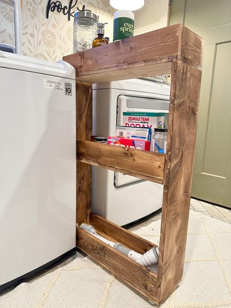 Next To Washer Storage, Small Space Between Washer And Dryer, Diy Shelf Between Washer And Dryer, Shelf For Between Washer And Dryer, Laundry Cart Between Washer And Dryer, Laundry Room Diy Storage, Diy Laundry Cart On Wheels, Storage Above Washer And Dryer Ideas, Washer Room Ideas Small Spaces