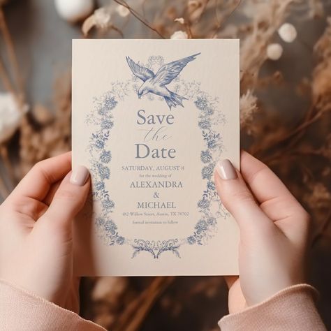 Victorian Toile French Blue Classic Wedding Save The Date Blue Classic Wedding, Blue Floral Wedding, Wedding Festivities, Floral Save The Dates, Vintage Aesthetics, Save The Date Card, Formal Invitation, Wedding Save The Date, French Blue