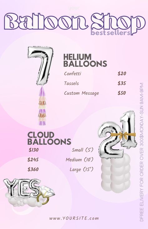 Transform Your Balloon Business with Our Editable Balloon Menu Templates! 🎈 Perfect for Balloon Artists. Bring your balloon decor vision to life and wow your clients with professional pricing and presentation. Download now and elevate your event styling business! #BalloonMenu #BalloonMockup #BalloonDecor #CustomTemplates #EventStylist #PartyPlanning #EditableMenu #CanvaTemplates #EventDesign #BalloonArtist #EventPlanning #WeddingStyling #PartyDecor Balloon Bar, Styling Business, Balloon Business, Balloon Prices, Delivery Truck, Balloon Shop, Balloon Delivery, Planning Tools, Balloon Decor