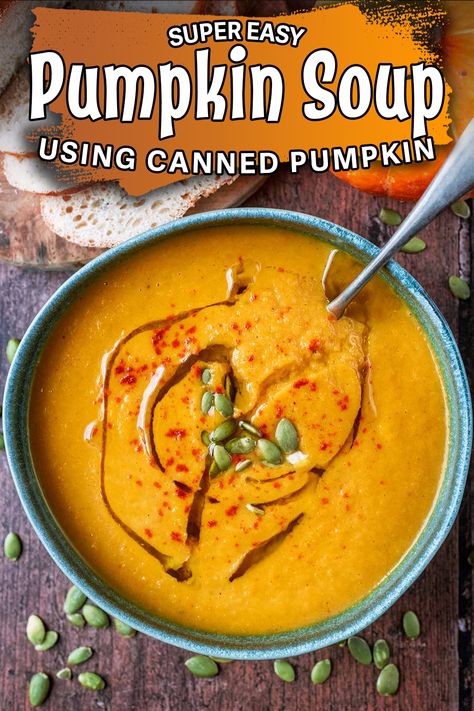 A bowl of pumpkin soup with a text title overlay. Savory Pumpkin Soup, Pumpkin Soup With Coconut Milk, Vegan Pumpkin Soup Recipe, Pumpkin Carrot Soup, Roasted Pumpkin Soup Recipe, Creamy Pumpkin Soup Recipe, Pumpkin Soup Recipe Easy, Paleo Soup Recipe, Pumpkin Soup Healthy