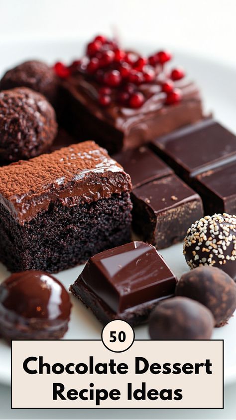 A close-up of a decadent chocolate dessert assortment, including a rich chocolate cake slice, truffles, and brownies, beautifully arranged on a white plate. Desserts With Dark Chocolate, Decadent Brownies, Chocolate Desserts Fancy, Dark Chocolate Desserts, Cottagecore Recipes, Craving Chocolate, Baking Skills, Ladies Tea, Decadent Chocolate Desserts