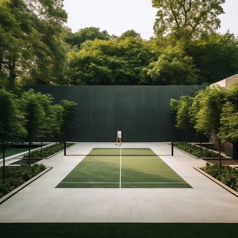 Design tennis court in garden Tennis House Ideas, Personal Tennis Court, Tennis Rich Aesthetic, Home With Tennis Court, Home Tennis Court Aesthetic, Backyard Tennis Court Ideas, At Home Tennis Court, Tennis Court Home, Luxury Tennis Court