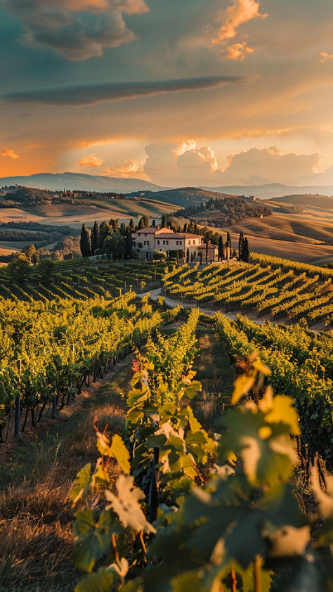 A stunning vineyard landscape at sunset, with rows of grapevines leading to a charming farmhouse, surrounded by rolling hills under a dramatic sky. Vineyard Photography, Dream Building, Autumn Core, Innocent Eyes, Jordan Bulls, Wine Vineyards, St Emilion, Northern Spain, Best Wine