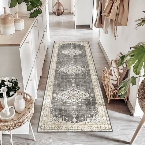 Grey Kitchen Runner Rug, Laundry Room Rug Ideas, Modern Kitchen Rugs, Entryway Laundry Room, Distressed Floors, Entryway Laundry, Boho Runner Rug, Gray Runner Rug, Rug Placement