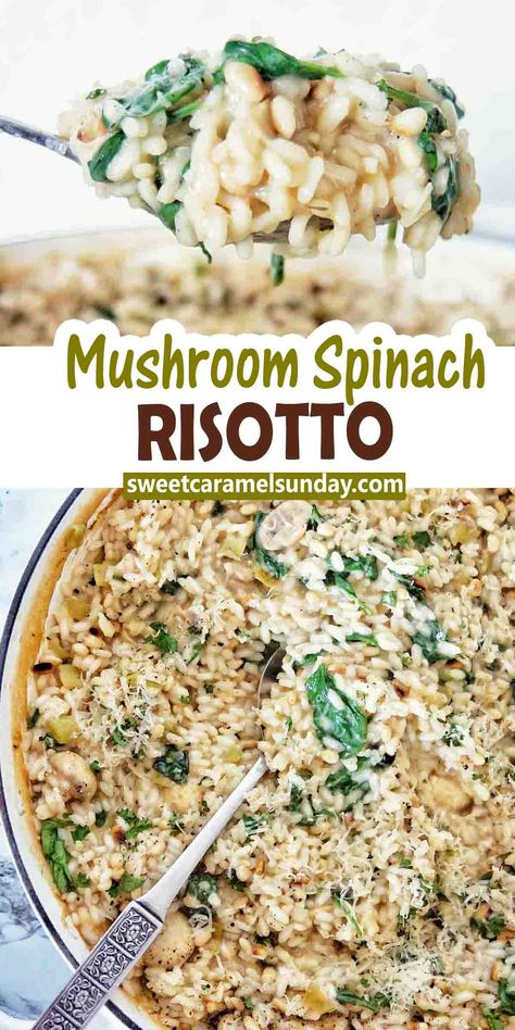 Spoon holding risotto over large white pan of the same with text written between 2 images. Rissoto Recipes Vegetable, Risotto Recipes Vegetarian, Perfect Risotto, Vegan Rice Dishes, Mushroom Rice Recipes, Vegetarian Risotto, Spinach Risotto, Risotto Recipes Easy, Vegetable Risotto