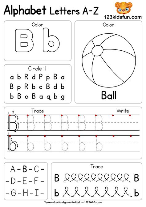 Pre K Alphabet Worksheets Free Printable, Alaphbet Letters Printable, What Begins With Letter A, Letter B Worksheets For Kindergarten, 123kidsfun.com Alphabet Letters A-z, Alfabet Worksheet, Pre Kg Worksheets, Preschool Alphabet Printables Free, Alphabets Worksheet For Kids