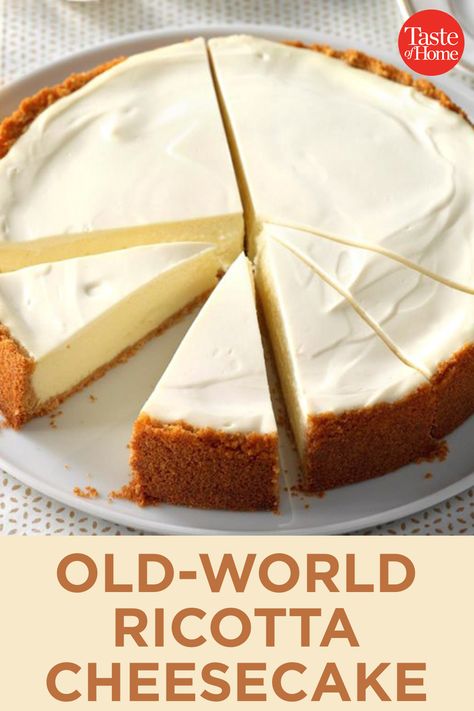 Old-World Ricotta Cheesecake Old World Ricotta Cheesecake, Baked Ricotta Cheesecake, Cheesecake With Ricotta Cheese, No Bake Ricotta Cheesecake, Sicilian Ricotta Cheesecake, Ricotta Cheesecake Recipes, Ricotta Pie Recipe, Italian Ricotta Cheesecake, Italian Cheesecake