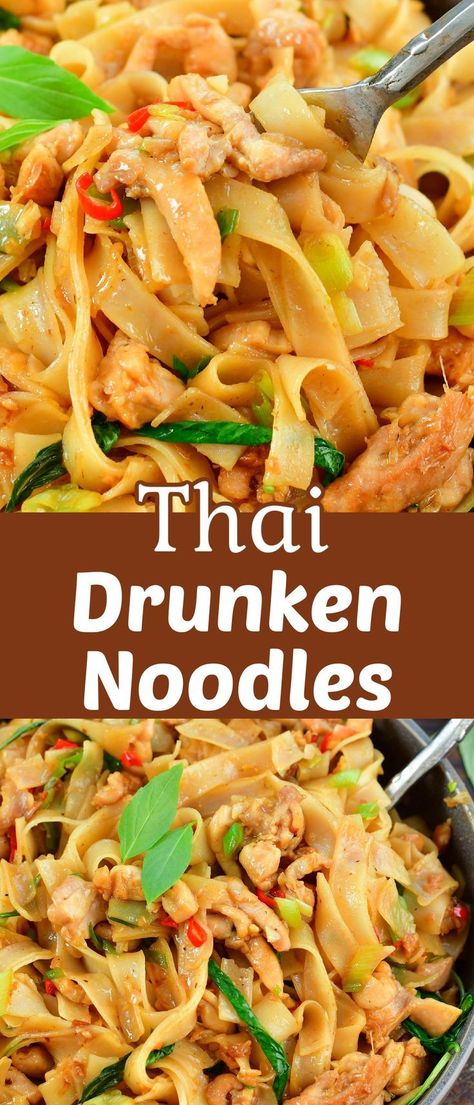 Spicy Basil Noodles, Thai Rice Noodle Recipes, Thai Chili Peppers, Wide Rice Noodles, Tasty Noodles Recipe, Thai Recipes Noodles, Pad Kee Mao, Food In Thailand, Thai Drunken Noodles