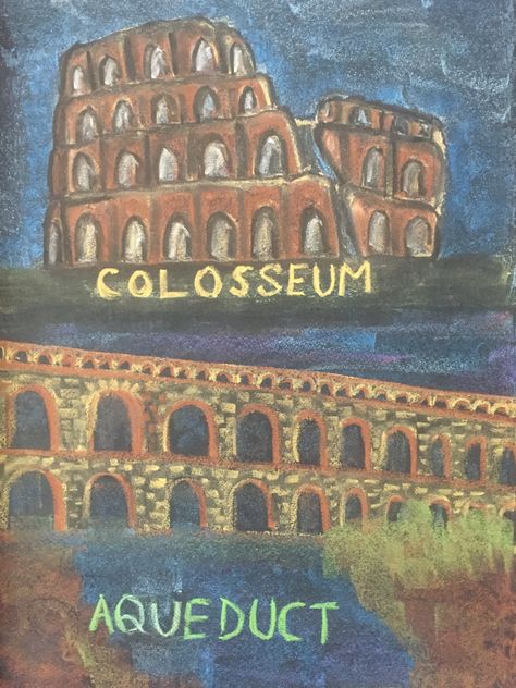 Roman Architecture: Colosseum and Aqueduct Roman Art Drawing, Roman Drawings, Chalkboard Pictures, Greek And Roman Art, Ancient Greece Art, 7th Grade Art, Chalkboard Drawings, Greece Art, 6th Grade Art