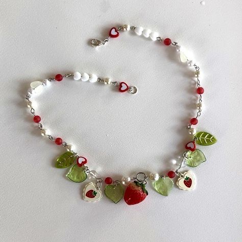 strawberry fields charm necklace 🍓🍰🍃 #jewelry... - Depop Strawberry Choker, Strawberry Beaded Necklace, Jewelry Grunge, Strawberry Jewelry, Strawberry Necklace, Strawberry Charm, Pretty Jewelry Necklaces, Indie Jewelry, Beaded Necklace Diy