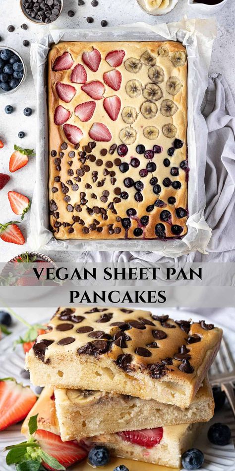 Vegan sheet pan pancakes - These delicious vanilla pancakes are ultra fluffy, so easy to make and you can top them with whatever you like! The batter is baked in a sheet pan to make one giant pancake, so there's no need to stand over a stove flipping individual pancakes, the whole batch is ready in under 30 minutes. Vegan Pancake Casserole, Eggless Sheet Pan Pancakes, Vegan Oven Pancakes, Vegan Sheet Pancakes, Vegan Pancake Batter, Vegan Sheet Pan Pancakes, Giant Pancake, Oven Pancake Recipe, Vegan Pancake Mix