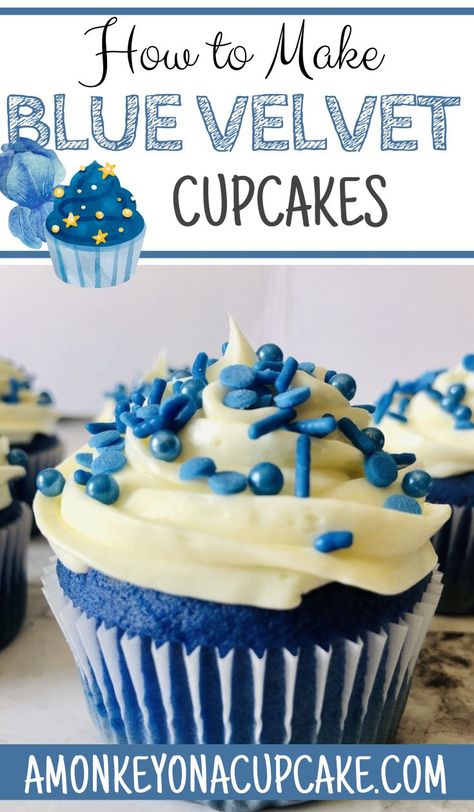 How to Make Blue Velvet Cupcakes: A Colorful Treat - A Monkey on a Cupcake Blue Cupcake Flavors, Blue Vanilla Cupcakes, Blue Velvet Cupcakes Box Cake, Blue Raspberry Cupcakes, Blue Frosting Recipe, New Cupcake Ideas, Blue Cupcake Recipes, Blue Cake Recipe, Blue Velvet Cupcakes Recipe