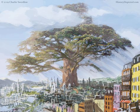 Here’s a city built around a giant tree. Giant Trees Fantasy Art, Giant Tree Art, Giant Tree City, Giant Tree Drawing, Giant Tree Fantasy Art, Giant Tree Minecraft, Big Tree Drawing, Town Drawing, Tree Town