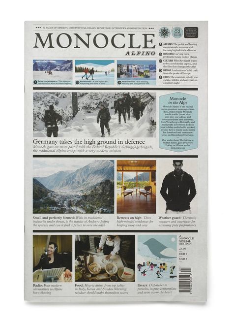 Monocle Alpino | Winkontent | Winkontent | D&AD Awards 2011 Pencil Winner | Entire Newspapers | D&AD Photo Essay Examples, Essay Layout, Newspaper Design Layout, Typeface Poster, Newspaper Layout, Infographic Inspiration, Best Essay Writing Service, Annual Report Design, Report Design