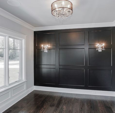 Accent wall Molding Accent Wall Dining Room, Black Accent Wall With Wood Trim, Wood Accent Wall With Crown Molding, Black Accent Wall Grey Walls, Black Dining Room Feature Wall, Bedroom Accent Walls Wood, Paneled Accent Wall Living Room, Accent Wall Crown Molding, Accent Wall Glam Room