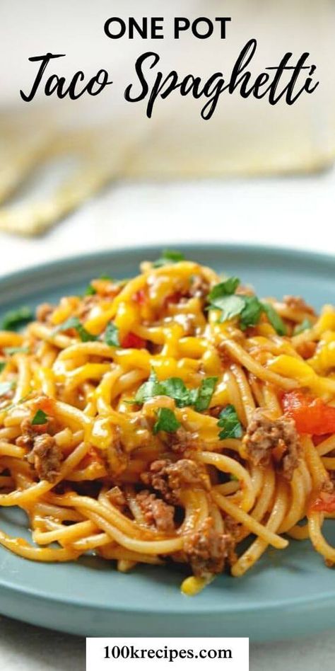 One Pot Taco Spaghetti Recipe - 100KRecipes Taco Spaghetti To Die For, Mexican Spaghetti Recipes, Taco Spaghetti Bake, One Pot Taco Spaghetti, Taco Spaghetti Recipe, Canning Plums, Popular Everything, Spaghetti Bake, Spaghetti Ingredients