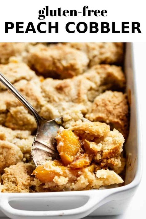 This gluten-free peach cobbler is healthier than your average cobbler and features an easy to make biscuit topping! #peach #cobbler #glutenfree Dairy Free Peach Cobbler, Healthy Peach Cobbler, Gluten Free Cobbler, Gluten Free Peach Cobbler, Easy Peach Cobbler, Easy Peach Cobbler Recipe, Frozen Peaches, Gluten Free Biscuits, Peach Cobbler Easy