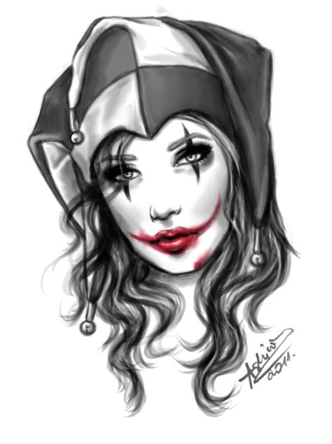 Joker girl by ~Ashiwa666 on deviantART Female Joker Tattoo, Tato Joker, Jester Tattoo, Joker Girl, Female Joker, Latino Art, Clown Tattoo, Female Clown, Joker Face