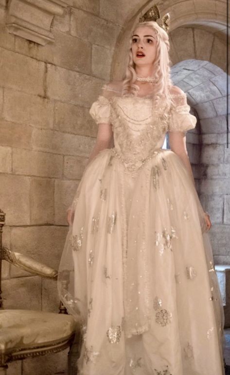 Snow Queen Alice In Wonderland, White Queen Alice In Wonderland Dress, White Witch Alice In Wonderland, Alice In Wonderland Queen White, White Queen Alice In Wonderland Makeup, The White Queen Costumes, Alice In Wonderland Costume White Queen, Alice In Wonderland Prom Dress, White Rabbit Outfit Ideas