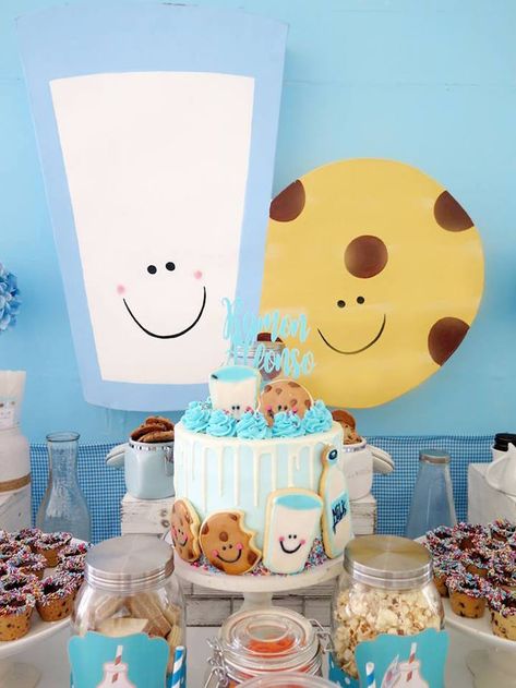 Chocolate Milk Birthday Party, Cookies And Milk Party Ideas, Cookies And Milk Themed Birthday Party, Milk And Cookies Theme Party, Milk And Cookies Birthday Cake, Milk And Cookies First Birthday Cake, Milk And Cookies Cake Smash, Cookie And Milk Birthday Party, Milk And Cookies Baby Shower Theme