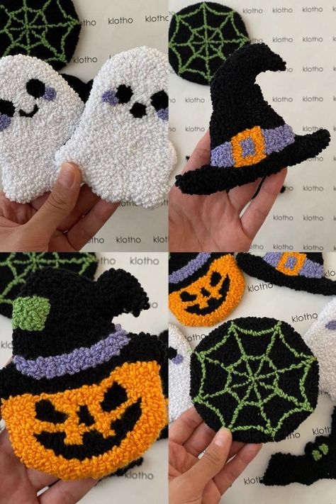 Halloween Drink Coasters, Set of 2 Drink Coasters, Pumpkin Punch Needle Coaster, Handmade Spooky Halloween Gift, Halloween Ghost Coaster Pumpkin Punch, Punch Needle Coaster, Halloween Punch, Halloween Drink, Funky Rugs, Halloween Templates, Punch Needle Patterns, Craft Punches, Halloween Drinks