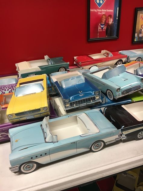 Antique Car Birthday Party, Old School Car Birthday Party, Vintage Cars Party Theme, Old Car Themed Party, Low Rider Party Theme, 50th Birthday Party Ideas For Men Car Theme, Car Theme Centerpieces, Classic Car 70th Birthday Party, Classic Cars Party