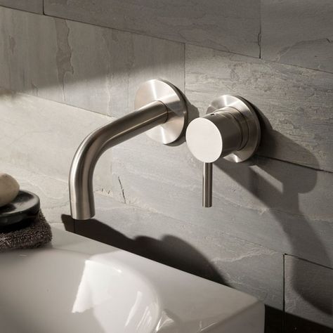 Inox Brushed Stainless Steel Wall Mounted Single Lever Basin Mixer Modern Contemporary Bathroom, Wall Mounted Taps, Wall Taps, Shower Fittings, Stainless Steel Wall, Bathroom Design Inspiration, Wall Mounted Basins, Bathroom Taps, Stainless Steel Bathroom