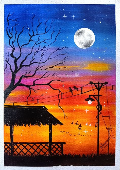 Cool Colours Painting Ideas, Landscape Paintings Poster Colour, Basic Acrylic Painting For Beginners, Cool And Warm Color Painting, Painting Ideas On Canvas Scenery, Easy Poster Colour Paintings, Watercolor Scenery Easy, Art Composition Ideas, Poster Colour Painting Ideas