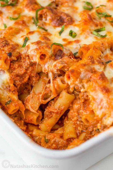 Baked Ziti is an easy, saucy, and cheesy pasta casserole. This has all of the great flavors of Lasagna but is simple to prepare and serve as a pasta bake. #bakedziti #bakedzitirecipe #pastabake #pastacasserole #pasta #dinner #natashaskitchen Oven Baked Pasta Recipes Simple, Pasta Lasagna Bake, Farmhouse Cooking, Baked Ziti With Ricotta, Natashas Kitchen, Baked Penne Pasta, Easy Baked Ziti, Ziti Recipe, Baked Penne