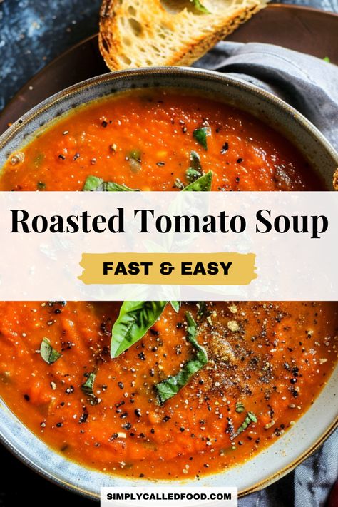 Savor an easy roasted tomato soup recipe, perfect for a healthy, homemade meal. Made with fire-roasted tomatoes, garlic, onion, and basil, this creamy soup is dairy-free, vegan, vegetarian, and keto-friendly. A simple, quick, and fast recipe. You can prepare roasted tomato soup in a Crock Pot, instant pot, slow cooker, pressure cooker, or stove top. For this roasted tomato soup recipe and more soup recipes, visit simplycalledfood.com. Quick Roasted Tomato Soup, Canned Roasted Tomato Soup, Roasting Tomatoes For Tomato Soup, 4 B’s Tomato Soup, Roasted Tomato Soup For Canning, Tomato Soup Blender Recipes, Diy Tomato Soup Fresh Tomatoes, Roasting Tomatoes For Soup, Roasted Tomatoes Soup Recipe