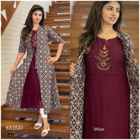 New arrival🔥 Faux Georgette sleevless kurti with handwork (piping n beeds work) + seperate cotton ajrak print long shrug *@1199* Size : M/L/XL/XXL Length : 48" Lining : Yes (shrug no lining) Item code : 8X1820 Ajrak Print, Long Shrug, Kurtis Design, Stylish Kurtis, Stylish Kurtis Design, Simple Frocks, Long Kurti, Long Kurti Designs