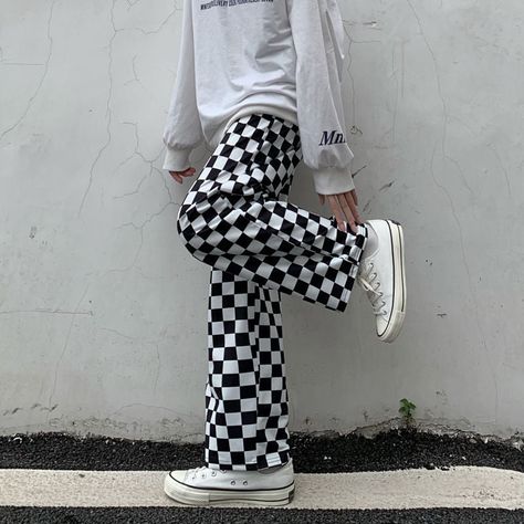 Material: Polyester Goth Pants, Punk Pants, Y2k Aesthetic Fashion, Girl Punk, Soft Girl Outfits, Black And White Pants, Checkered Pants, Oufits Casual, Skater Girl