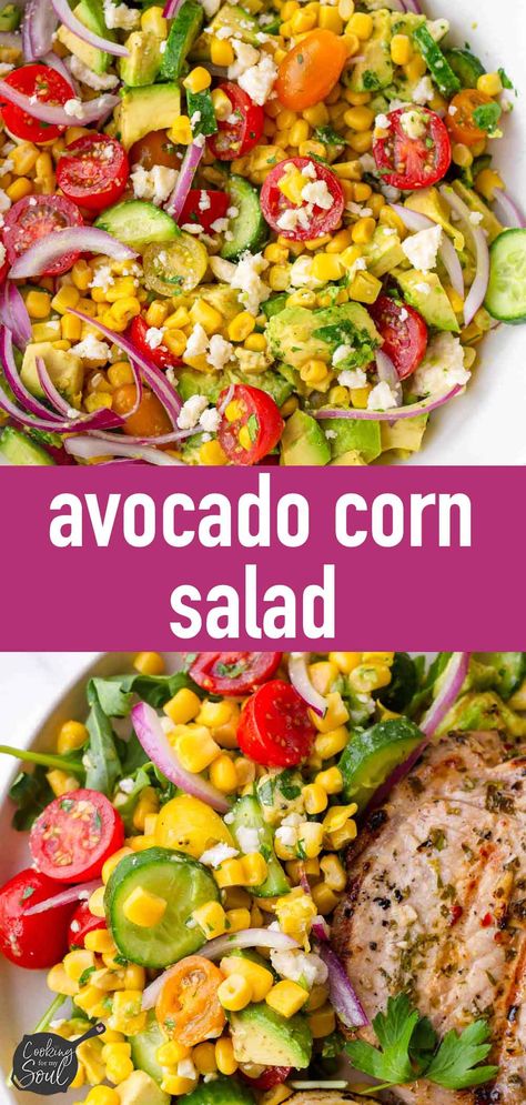 Avocado Corn Salad! This avocado tomato corn salad is the best. Made with fresh ingredients, it's colorful and so flavorful. This avocado corn salad is perfect for summer. Avacado Corn Salad, Corn Avocado And Tomato Salad, Chinese Corn Soup, Chicken Avacado, Corn And Avocado Salad, Avocado Corn Salad, Cilantro Corn, Grilled Shrimp Salad, Corn Tomato Salad