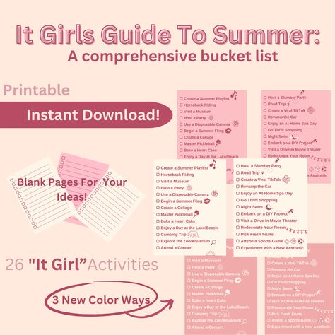 It Girl Summer Bucket List Printable Summer Bucket List, Checklist Ideas, Printable Bucket List, Summer Checklist, Hot Girl Summer, Spa Day At Home, Summer Bucket List, Summer Activities For Kids, Summer Bucket Lists