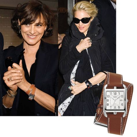 Ines de la Fressange and Madonna wearing the Cape Cod by Hermès.  http://www.hautehorlogerie.org/fr/les-marques/marque/s/hermes/ Hermes Cape Cod Watch Women, Hermes Cape Cod Watch, Hermes Watch Women, Watch Women Outfit, Hermes Apple Watch, Womens Designer Watches, Hermes Watch, Wear Watch, Fancy Watches