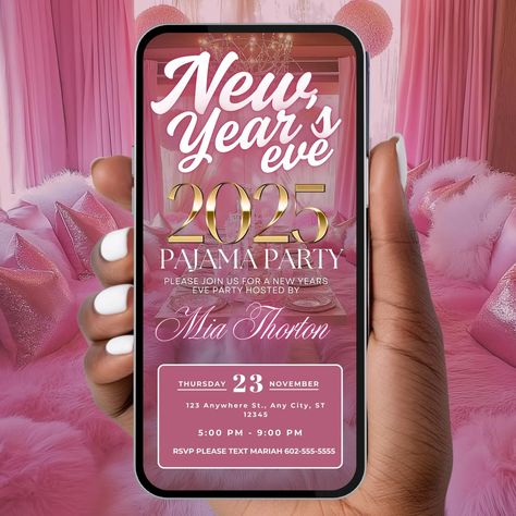 NYE 2025 Pajama Party Invitation, Pink Digital New Years Eve Evite, Editable Girls' Night, Ladies Game Night NYE Template, Instant Download - Etsy Ladies Game Night, Games For Ladies Night, Invitation Pink, Party Inspo, Pink Invitations, Pajama Party, Eve Parties, Host A Party, New Years Eve Party