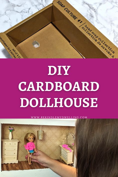 Collage of a box and a girl playing with an upcycled dollhouse. Diy Barbie House Cardboard Boxes, Diy Barbie House Cardboard, Dollhouse Cardboard, Cardboard Creations, Cardboard Dollhouse, Diy Barbie House, Diy Barbie Furniture, Doll Diy Crafts, Outdoor Activities For Kids