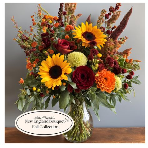 Introducing Lori Trovato's England Bouquet Fall Collection, a stunning celebration of the season’s beauty. This exclusive collection features vibrant sunflowers paired with rich fall blooms in traditional autumn hues of warm oranges, deep reds, and golden yellows. Designed by Master Flower Designer Lori Trovato, each arrangement embodies the essence of New England's fall charm, bringing the warmth of the harvest season into your home. Perfect for cozy gatherings, seasonal decor, or a thoughtful Sunflowers And Burgundy Flowers, Unique Fall Wedding Bouquets, Autumn Flower Centerpieces, Wild Flower Fall Bouquet, Fall Fresh Floral Arrangements, Early Fall Flowers, Fall Sunflower Arrangements, Autumn Bouquet Floral Arrangements, November Flower Arrangements