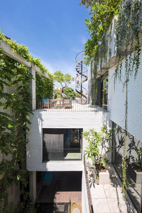 Vo Trong Nghia plants fruit trees on the roof of Thang House in Vietnam Vtn Architects, Vo Trong Nghia, Robert Ryman, Small Fish Pond, Solar Water Heating, Urban Agriculture, Rural House, Box Houses, White Brick