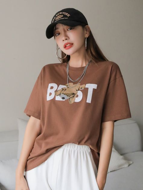 Coffee Brown Casual  Short Sleeve Cotton Cartoon,Letter  Embellished Slight Stretch Summer Women Tops, Blouses & Tee Drop Shoulder Tshirt, Graphic Tshirt Outfit, Oversize Tshirt Outfits, Shirt Painting, Oversize Tshirt, T Shirt Painting, Drop Shoulder Tee, Brown Tshirt, Modesty Fashion