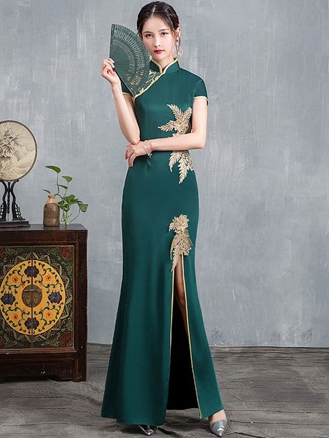 Olive Green Beaded Split Front Long Qipao / Cheongsam Dress - CozyLadyWear Shanghai Dress, Long Qipao, Mandarin Dress, Chinese Fancy Dress, Style For Wedding, Cheongsam Modern, Chinese Cheongsam, Chinese Style Dress, Gowns Dresses Elegant