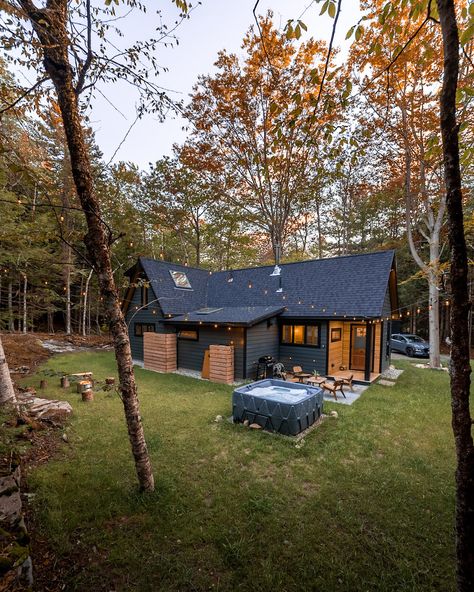 Kitchen Wood Stove, Foundation Building, Summer Cabins, Black Cabin, Ravens Home, Cathedral Ceilings, Maine Vacation, Forest Cabin, Cabin Exterior