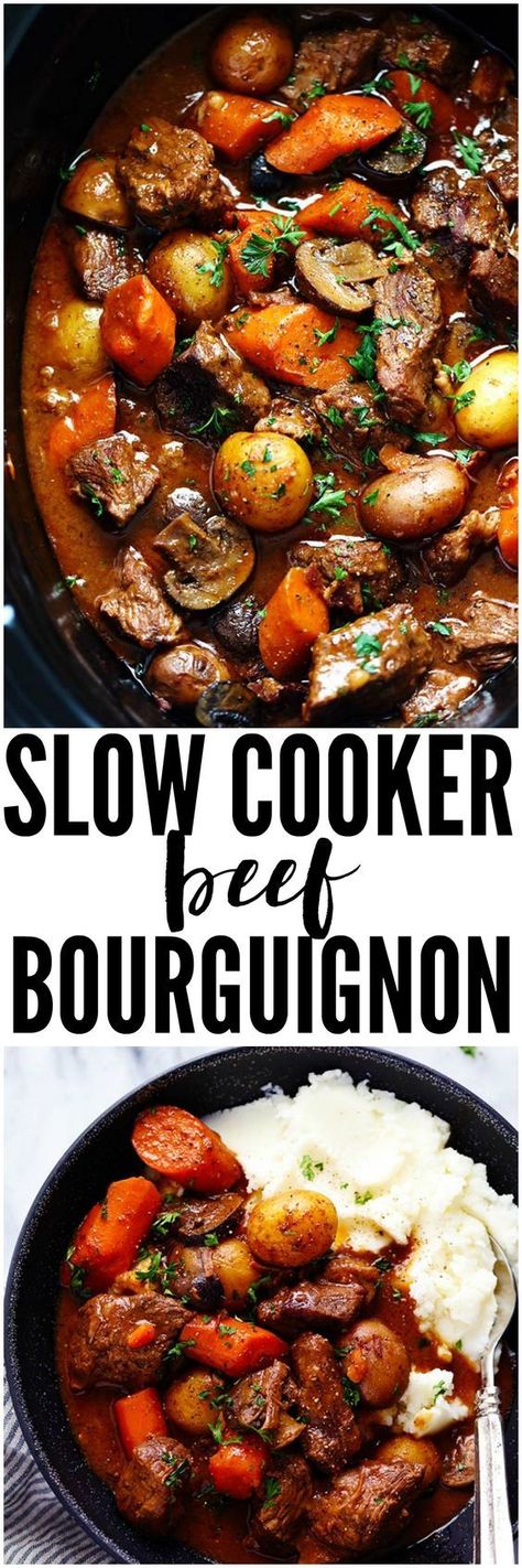 Slow Cooker Beef Bourguignon has crazy tender melt in your mouth beef and hearty veggies slow cooked to perfection in a rich sauce. This meal is comforting and perfect for the cold months ahead! Slow Cooker Beef Bourguignon, Beef Bourguignon, Crockpot Dishes, God Mat, Crock Pot Slow Cooker, Crock Pot Cooking, Slow Cooker Beef, Slow Cooked, Beef Dishes