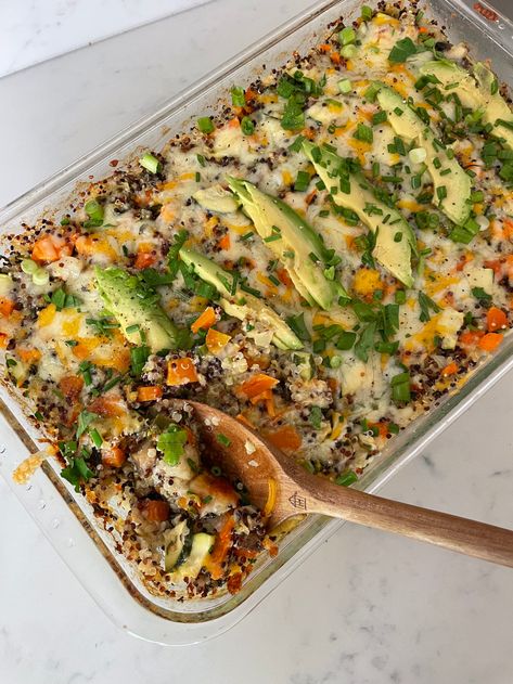 Quinoa Veggie Bake – Katie Austin Black Bean Bake, Quinoa Casserole Recipes, Bean Bake, Veggie Bake, Large Zucchini, Quinoa Recipes Easy, Quinoa Casserole, Katie Austin, Vegetarian Casserole