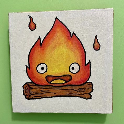 Calcifer Drawing Easy, Howls Moving Castle Drawing Easy, Howls Moving Castle Painting Easy, Easy Ghibli Painting, Calcifer Painting, Studio Ghibli Paintings, Ghibli Painting Ideas, Howls Moving Castle Painting, Studio Ghibli Painting Ideas