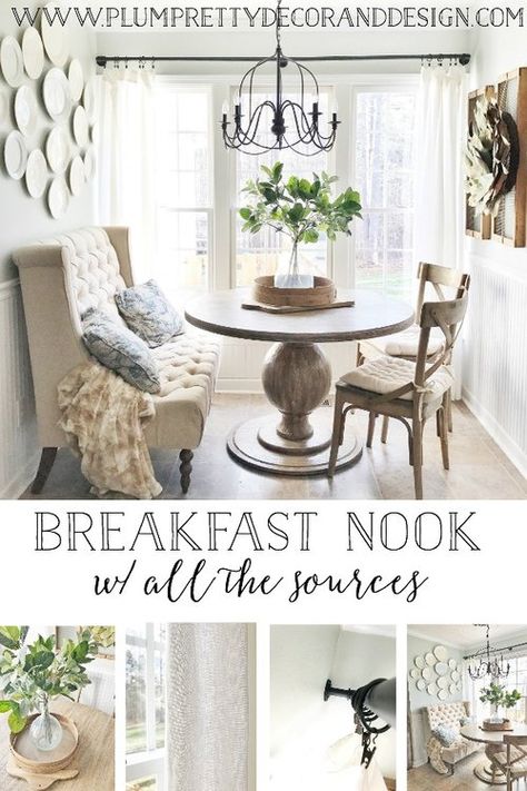 Farmhouse French Inspired Breakfast Nook- See more on Plum Pretty Decor and Design's Blog and all the sources for furnishings and decor. Black Themed Dining Room, Breakfast Nook Lamp, French Country Kitchen Nook, Cosy Breakfast Nook, Farmhouse Nook Ideas, Breakfast Room Ideas Modern, Small Sitting And Dinning Room Ideas, French Cafe Breakfast Nook, Breakfast Table Wall Decor