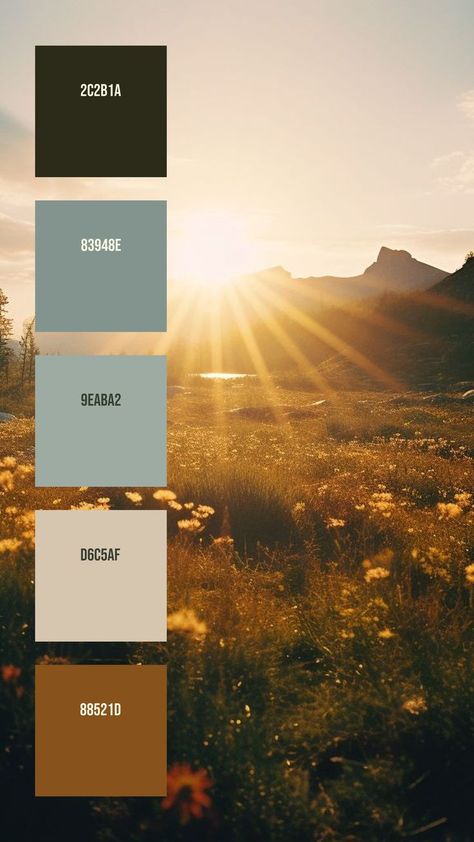 Colors:
2C2B1A
83948E
9EABA2
D6C5AF
88521D Peaceful Colour Palette, Wild Landscape, Hex Color, Names List, Hex Color Palette, Palette Design, The Golden Hour, Bungalow Design, Model Paint