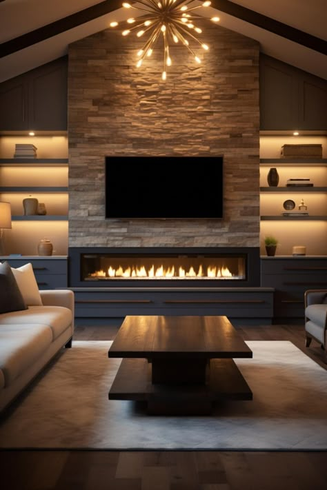 30 Ways To Decorate Your Fireplace With Built-Ins on Each Side Linear Fireplace With Shiplap Wall, Family Room With Electric Fireplace, Fireplace In The Living Room, Great Room Ideas With Fireplace, Cathedral Ceiling Living Room Tv Wall, Living Rooms With Black Fireplaces, Water Vapor Fireplace Ideas, Custom Fireplace Built Ins, Fireplace Wall Ideas With Tv Bookshelves