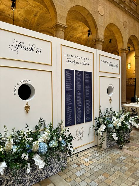 Upgrade your wedding happy hour with our unique cocktail wall and custom door knockers. With a reach-through hole to request your favorite concoctions, this interactive experience will take your drink experience to a whole new level.  Available to rent in Kansas City!  #CustomCocktailWall #KnockKnockCocktailWall #LuxuryWedding #UniqueWeddingExperience Wedding Happy Hour, Disco Letters, Event Venue Spaces, Interactive Events, Cocktail Wall, Luxury Lounge, Romantic Backdrop, Unique Cocktails, Custom Cocktails