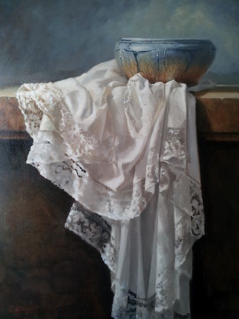 I'm drawn to white and fabrics like a moth to a flame!  And, since my last painting of my french lace table cloth and pot quickly sold, I ... Still Life 2, Still Life Photos, Still Life Oil Painting, 수채화 그림, Paintings I Love, Painting Still Life, Still Life Art, Malbec, Tempera